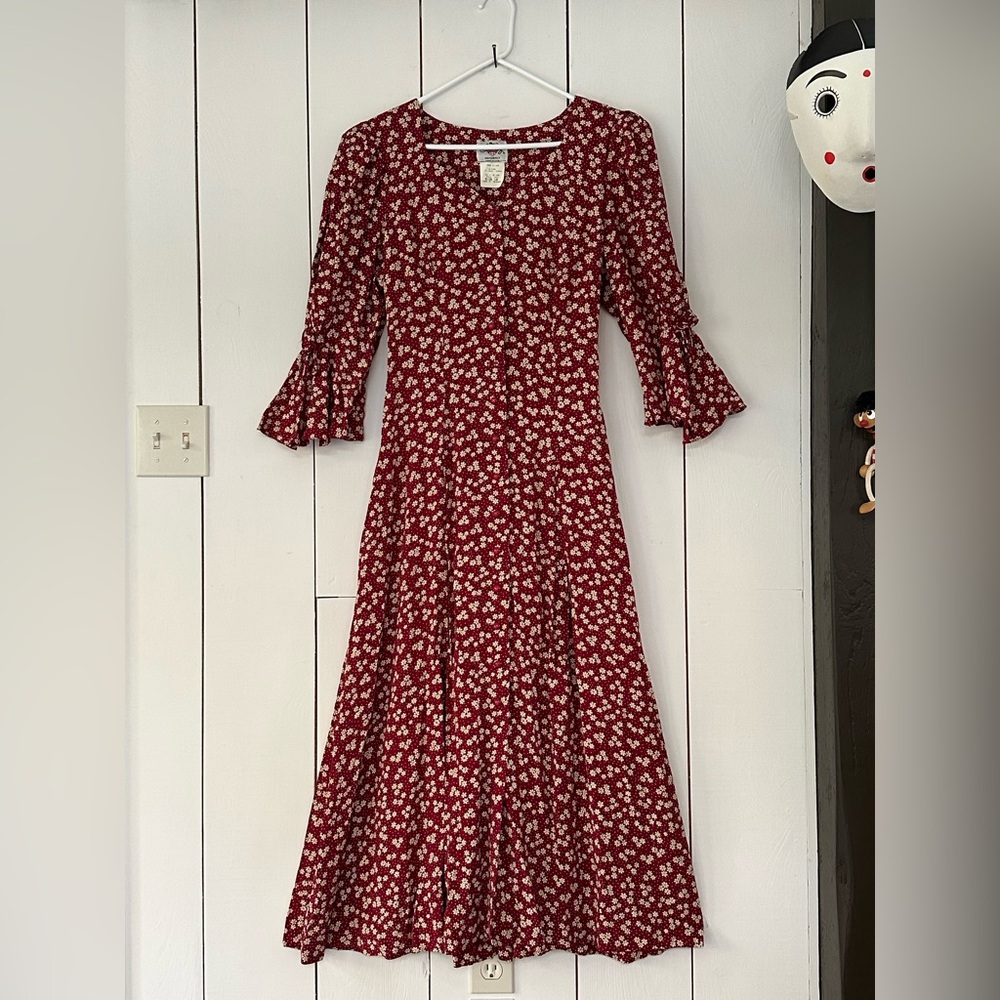 VTG Lanz Originals Dainty Floral Corset Maxi Dress Sz 12 Burgundy Cream